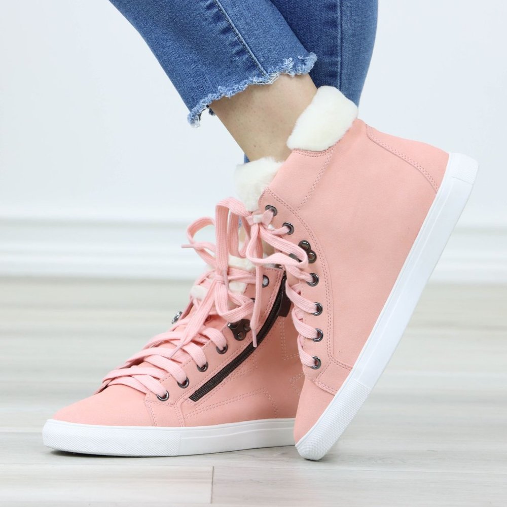 Pink Fashion High Tops Sneakers Shoes Fuzzy Ankle - Picture 7 of 11